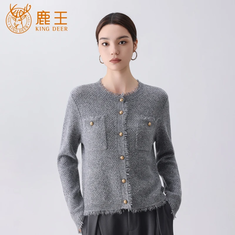 【设计师款】鹿王女圆领100山羊绒时尚流苏花纱开衫 厚 XM1644