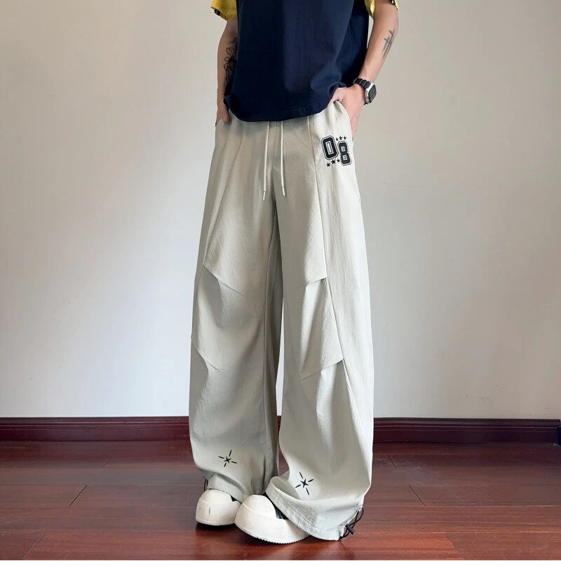 美式高街褶皱设计速干宽松休闲裤时尚微喇裤潮牌弯刀裤经典直筒裤