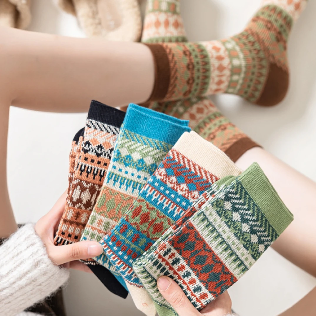 女士秋冬季复古民族风美拉德色中筒堆堆袜时尚百搭