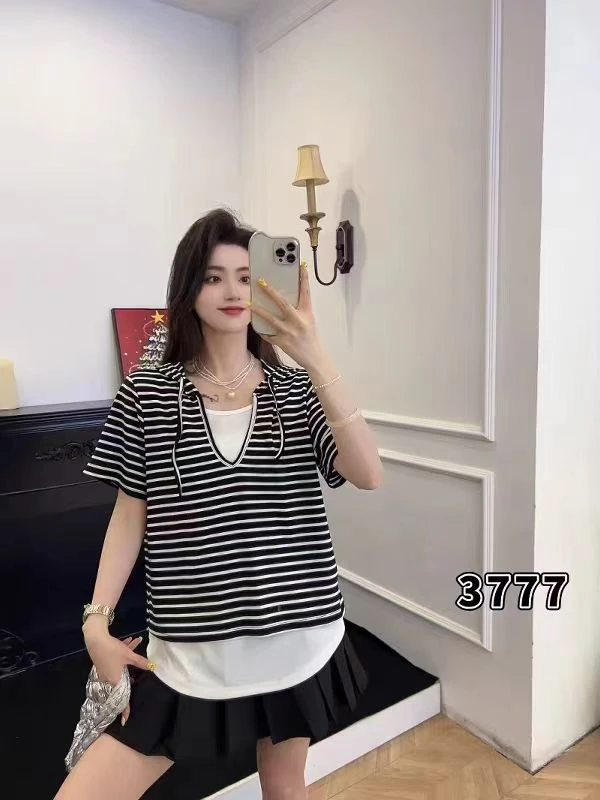 3777条纹假两件短袖