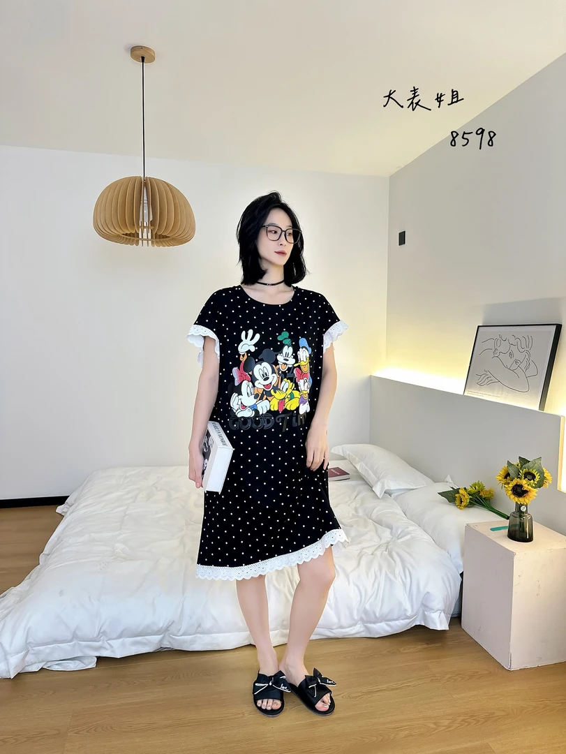8598卡通米奇蕾丝花边大码连衣睡裙女夏季可外穿宽松遮肉短袖睡衣