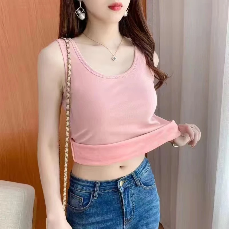 032秋冬保暖吊带背心女加绒加厚圆领修身内搭复真超保暖上衣女