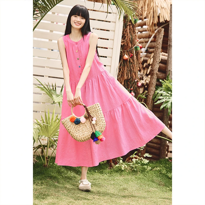 ToyzY玫粉色亚麻长款连衣裙ZC35205680