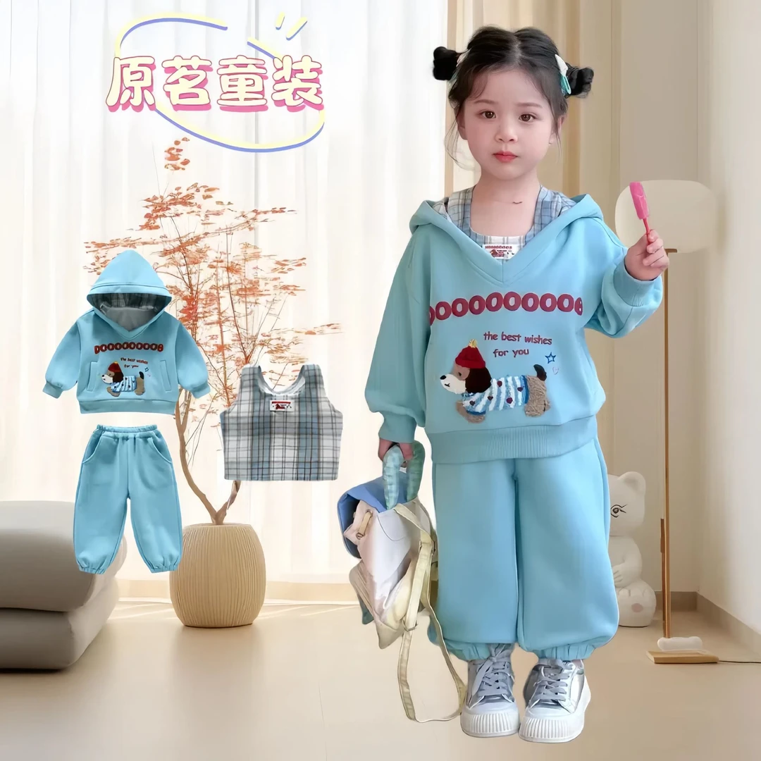 小女童套装儿童春秋洋气网红休闲连帽韩版时髦三件套卡通女孩时尚