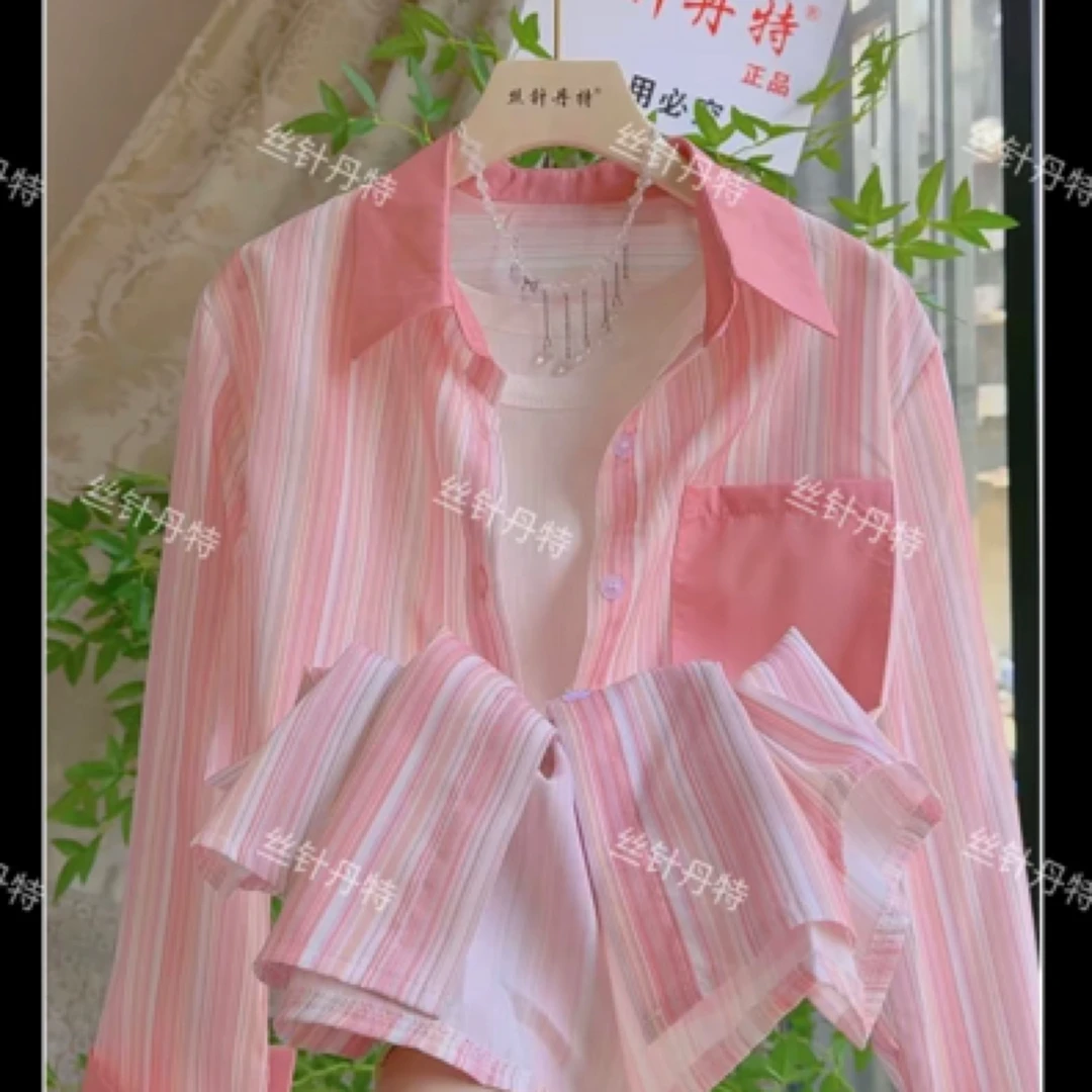 复古拼色条纹衬衫女春新款设计感小众宽松休闲长袖上衣