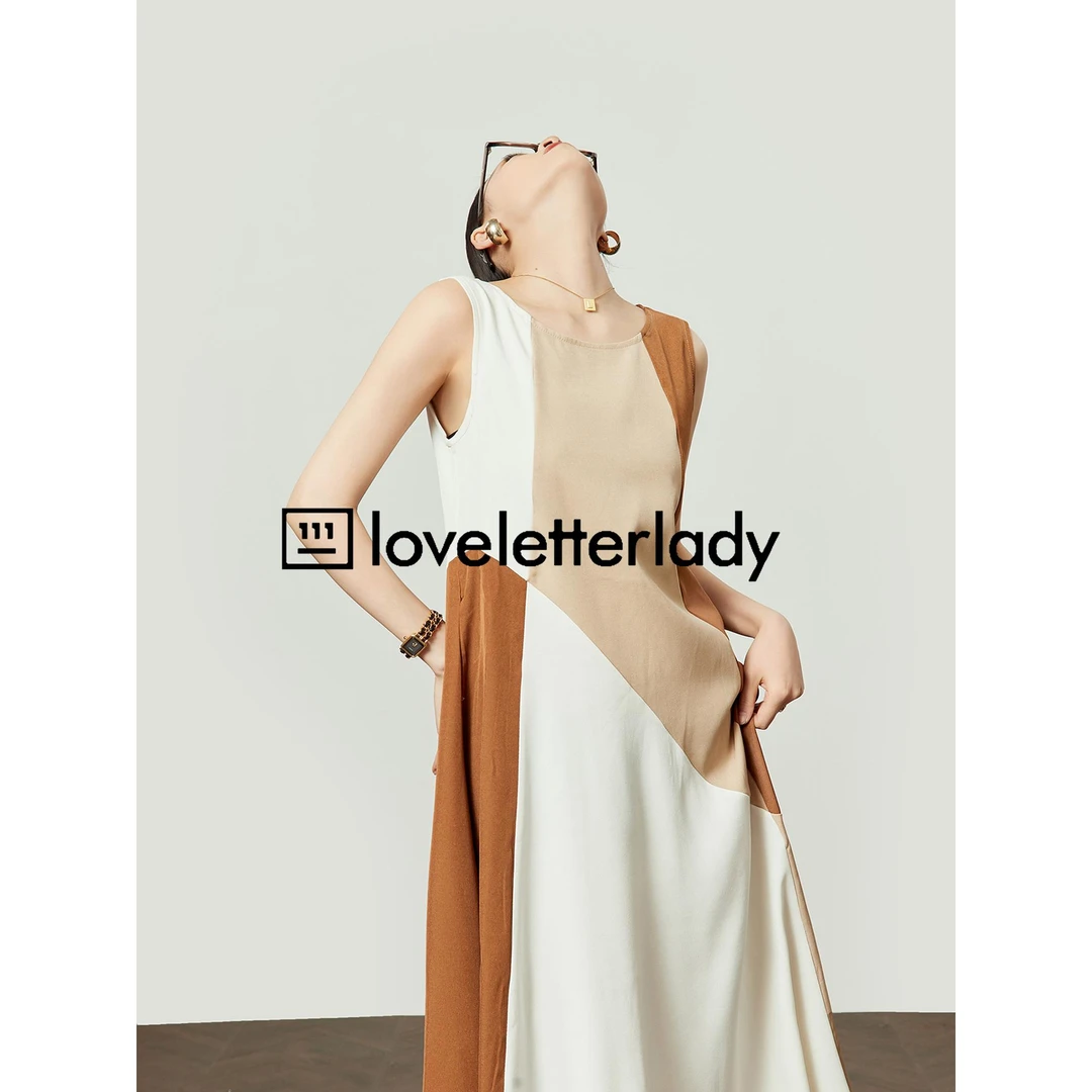 周里物卡其色连衣裙女2025夏季新款拼接宽松设计法式轻奢背心长裙