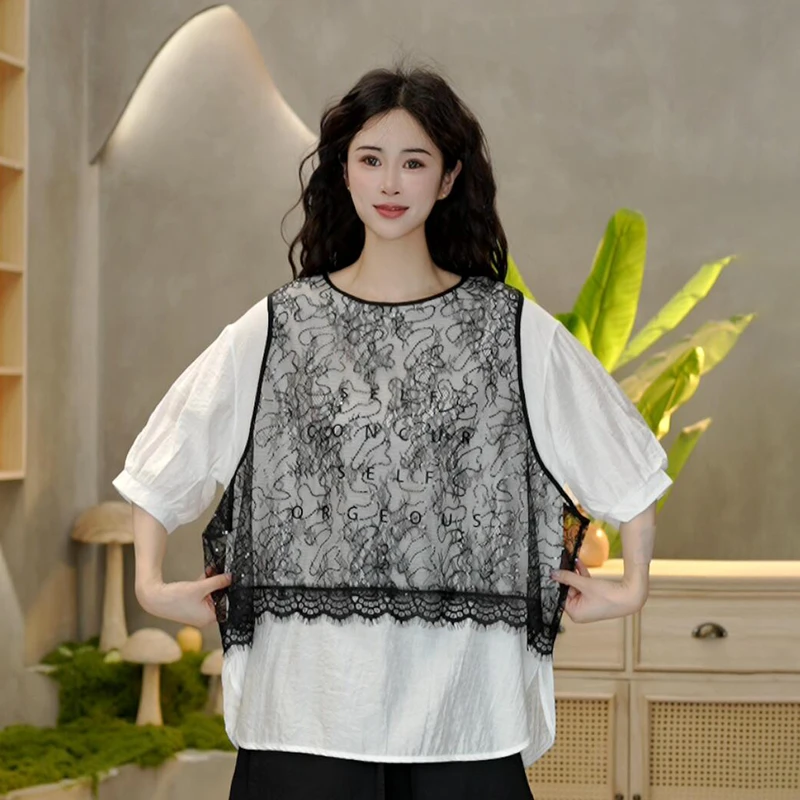 8916 夏季新款圆领网纱马甲拼接短袖T恤假两件上衣