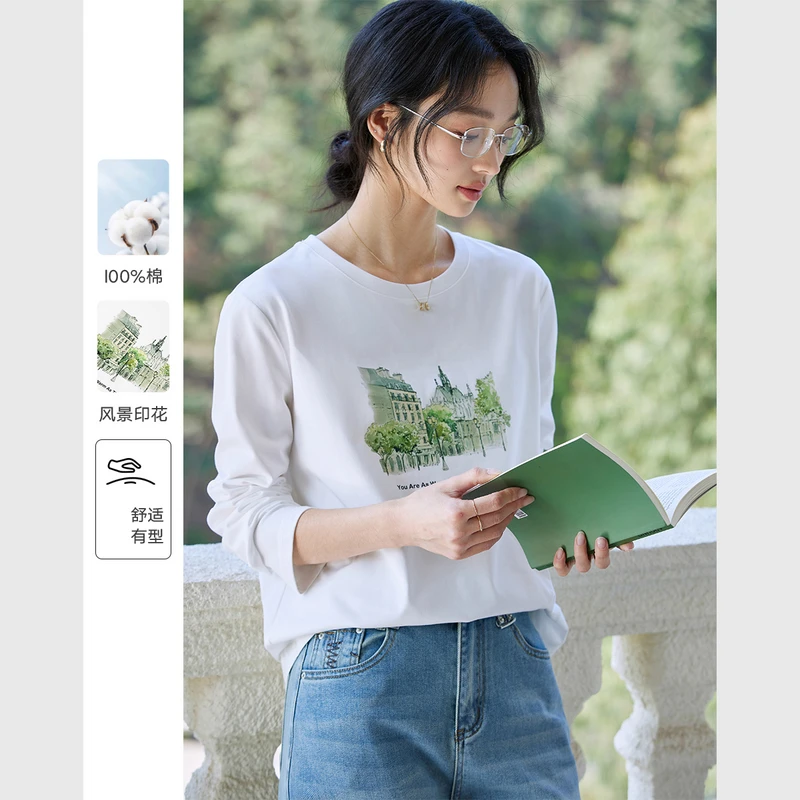 梵希蔓风景印花长袖T恤女2025新款宽松纯棉百搭圆领上衣 A0118