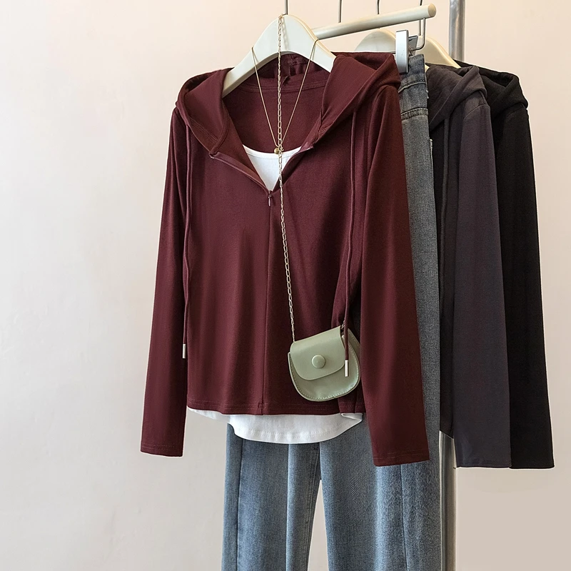 大码女装2025春季新款显瘦抽绳假两件连帽长袖上衣1567