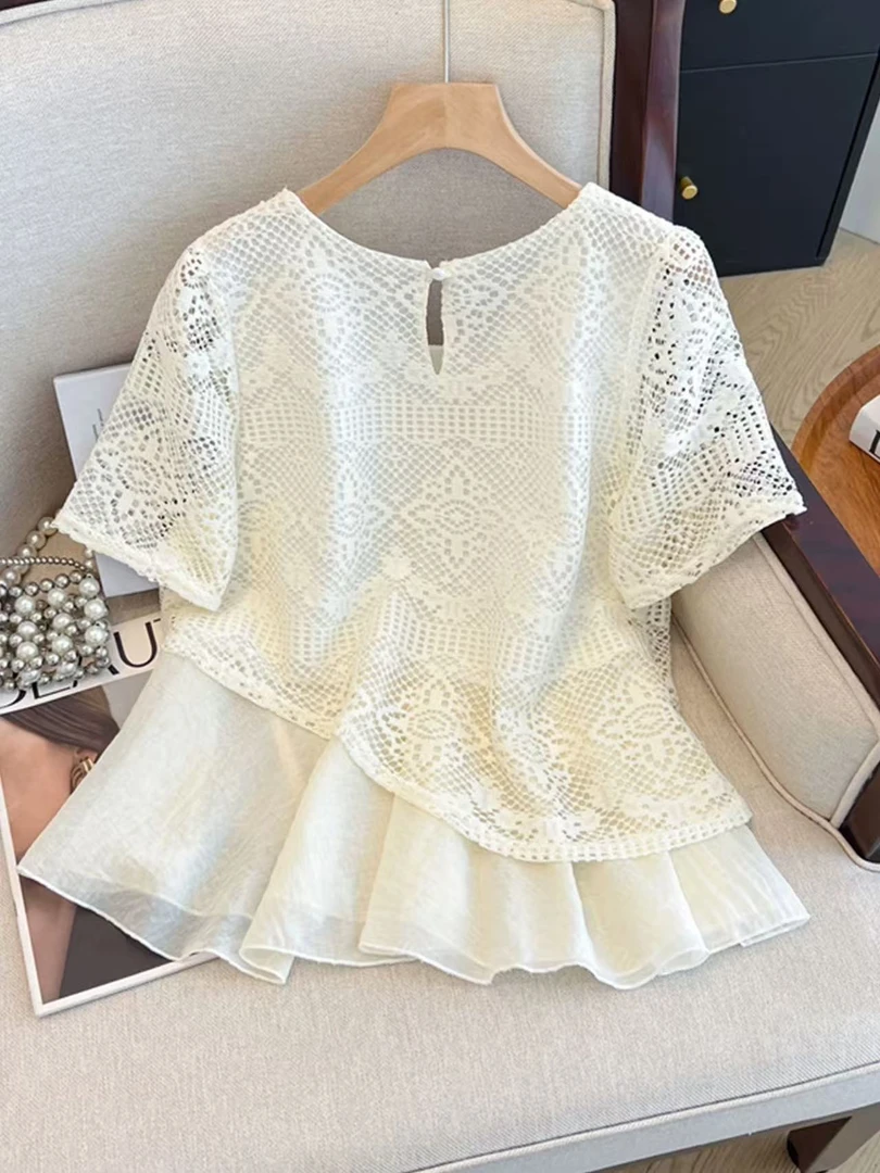 胖胖家*2758新款假两件蕾丝拼接收腰显瘦仙仙上衣