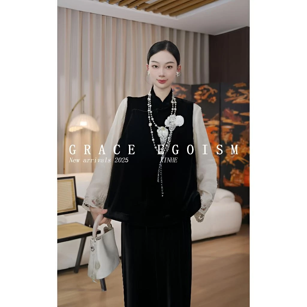 金禾【金禾专属】秋款国风真丝丝绒重工钉珠刺绣马甲3634