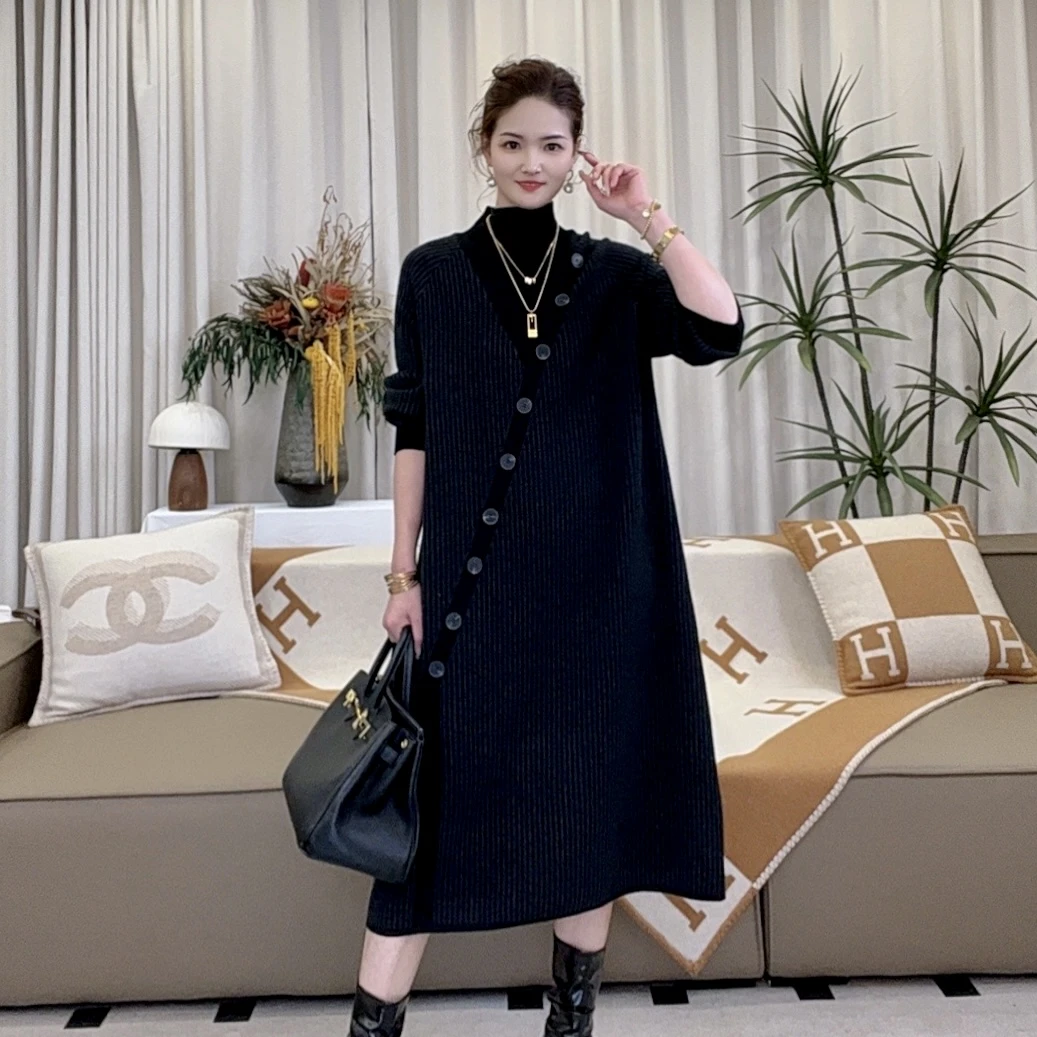 高端品质[斜扣]秋冬时尚大码高档长款毛衣显瘦洋气连衣裙-1201#