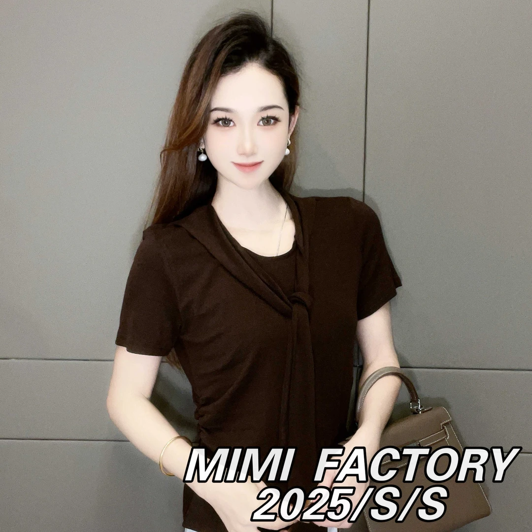 2025早秋新款 圆领正肩假两件短袖T恤女时尚百搭上衣5747#