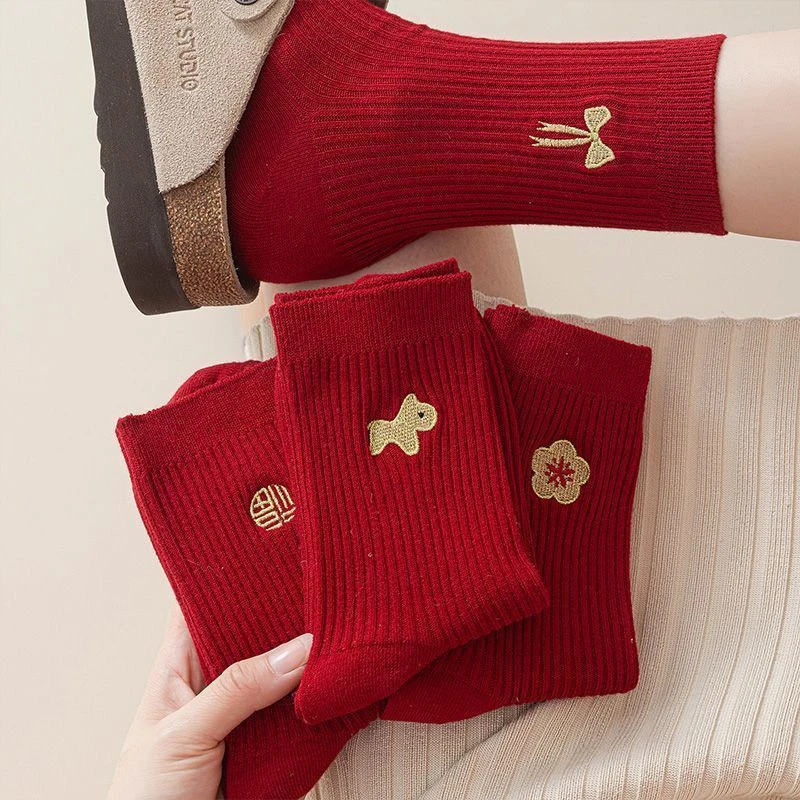 红袜子马年中筒袜2026秋冬本命年属马可爱结婚情侣新年运动袜冬天