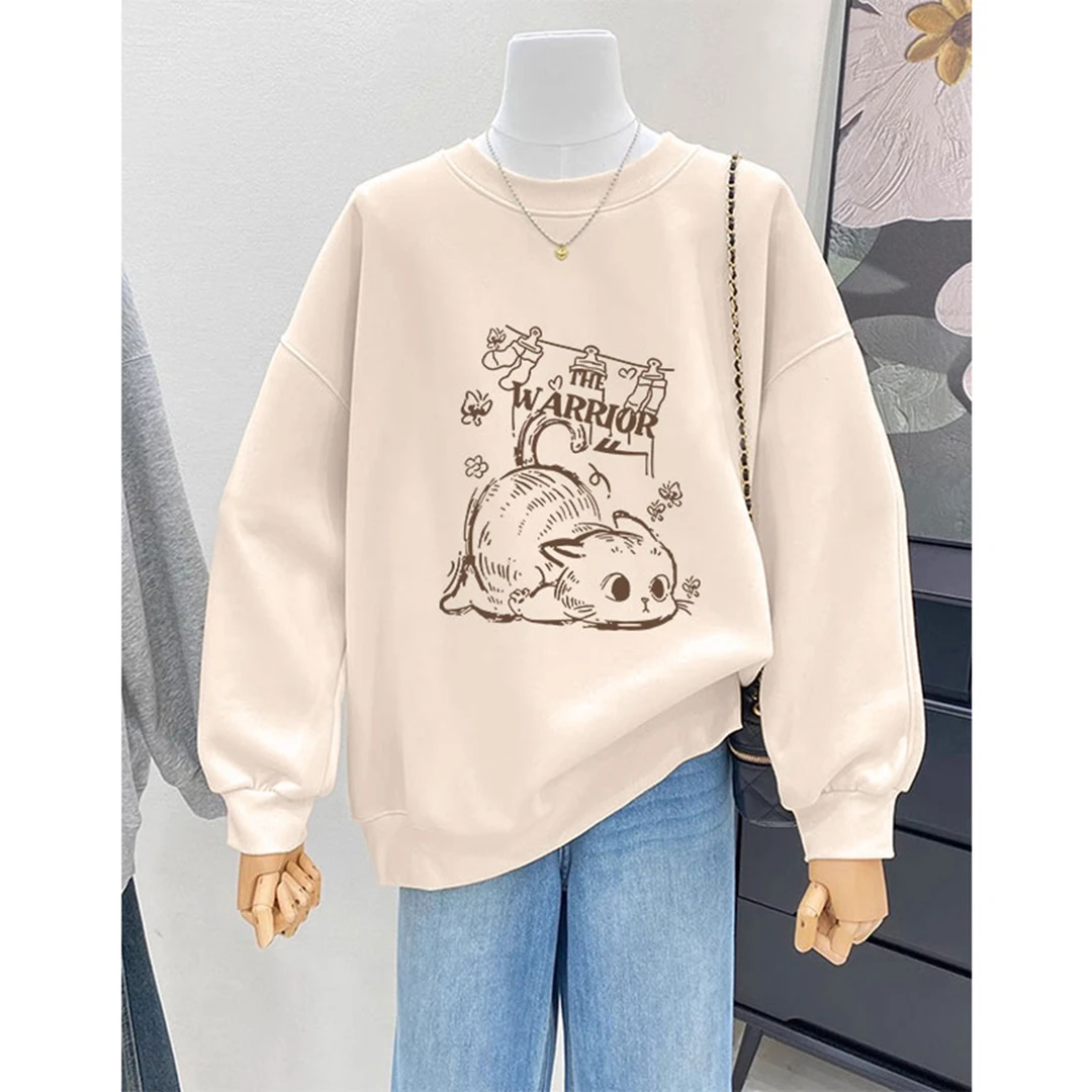 宽松oversize胖mm圆领无帽加绒卫衣女秋冬季新款显瘦遮肚外套上衣