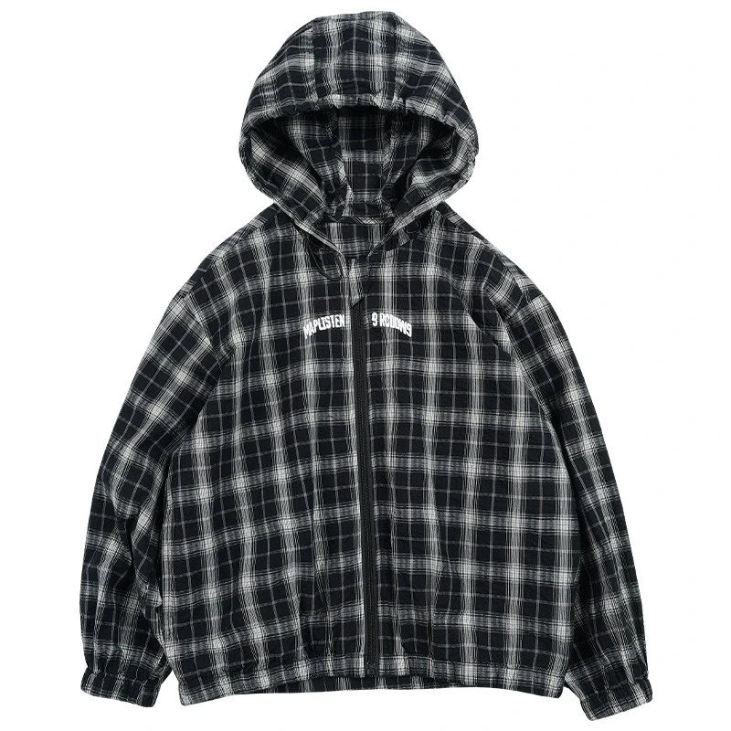 Y7630男童黑白格外套中大童休闲开衫儿童春夏连帽上衣潮牌童装薄