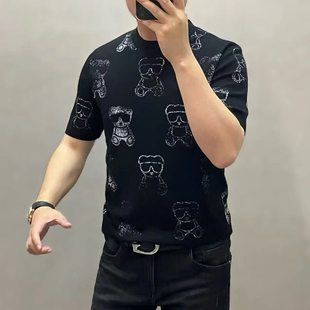 新款高端男士潮流时尚墨镜小熊图案圆领短袖针织88157