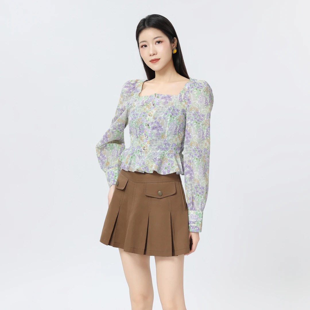 AMASS/阿玛施新款气质衬衫显瘦时尚印花法式长袖短款上衣女530044