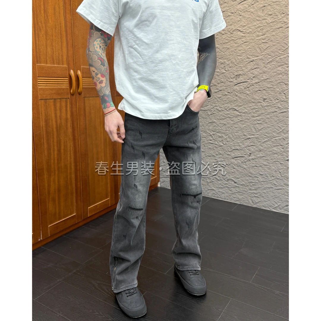 2025秋冬新款时尚休闲百搭净版刀割裤脚拉链直筒牛仔裤裤子1961