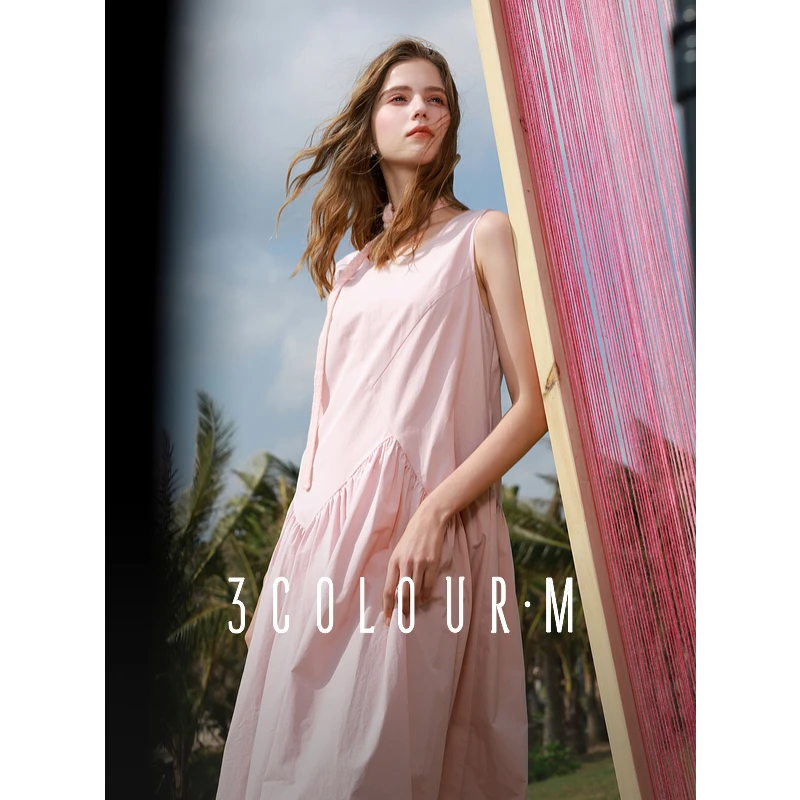 三彩2025春季新款连衣裙圆领无袖A字裙宽松长裙简约M