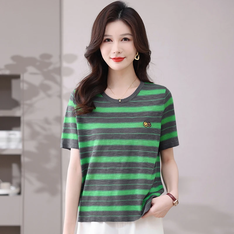 品牌女装夏季2025新款竹节麻条纹短袖T恤女薄款大码宽松针织上衣