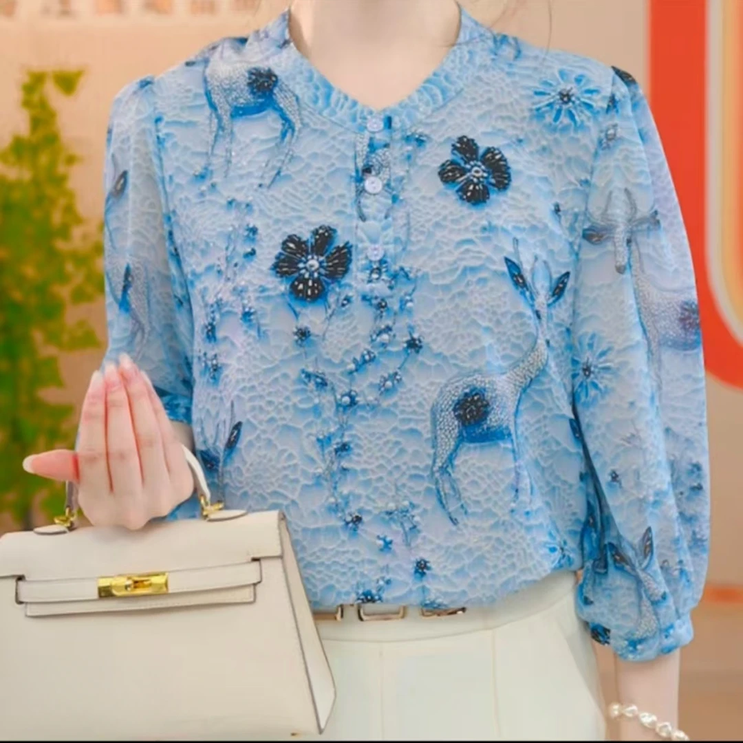 2025夏季小蓝花休闲风印花优雅洋气简约衬衫小衫显瘦套头衫0608