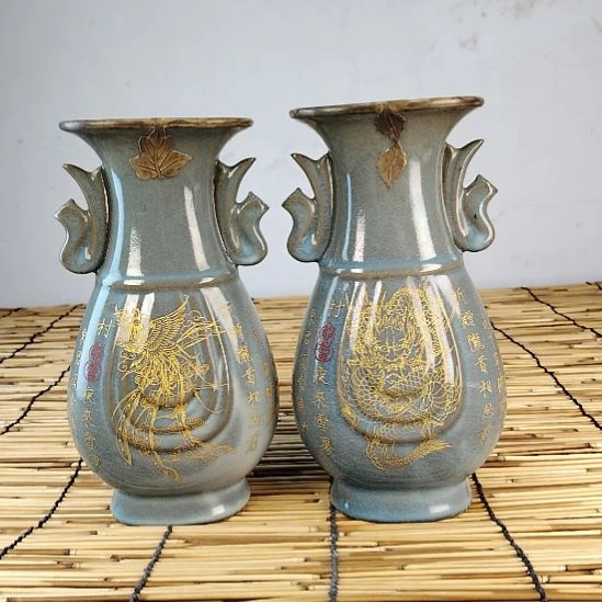 陶摆件汝窑描金包铜口老工艺古高端收藏