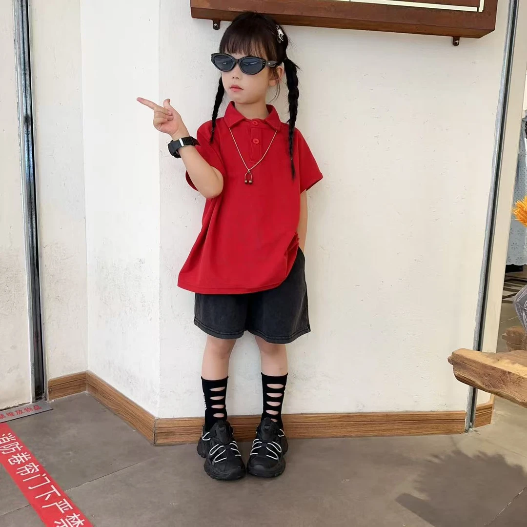 女童夏套装2025新款大版休闲Polo衫儿童两件套女童炒色牛仔短裤