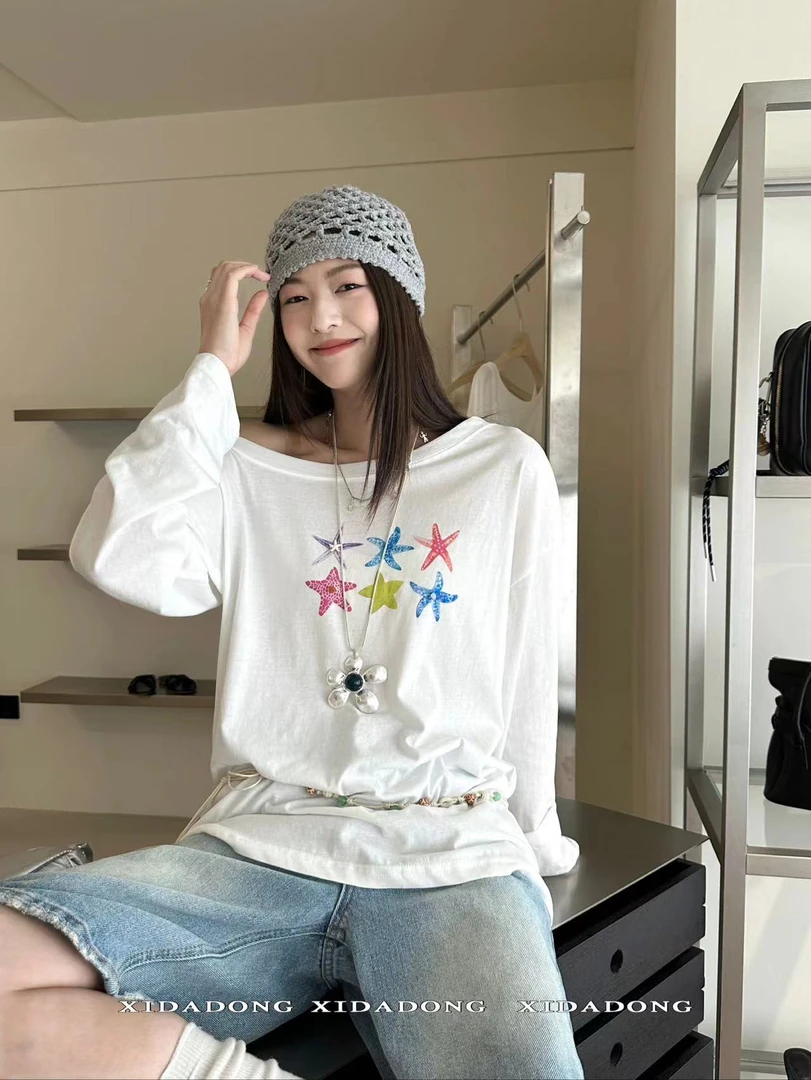 福秒-海星印花的！慵懒松弛感长袖圆领T（XD66055#）喜大东