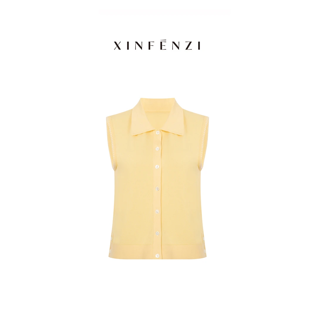 【百合子】XINFENZI 干爽棉纱翻领无袖撞色边针织衫 51045