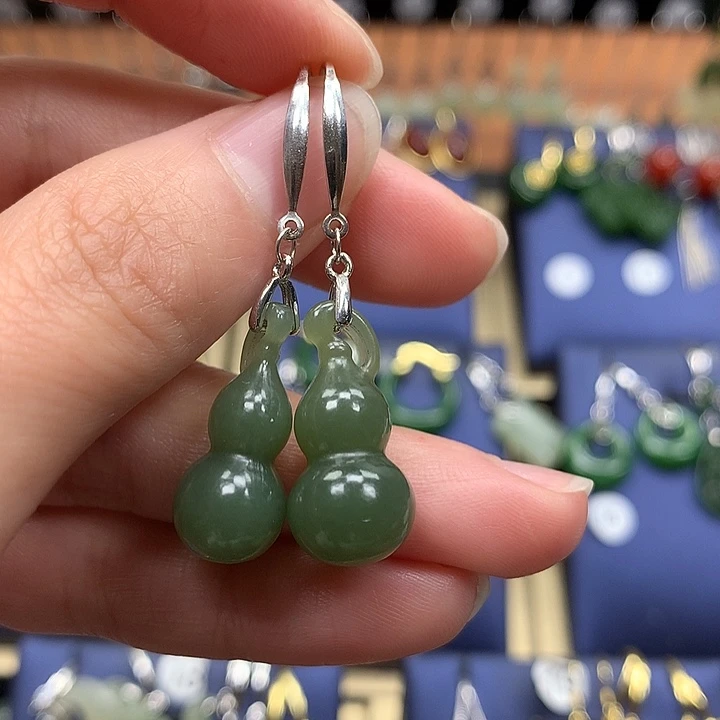 和田玉银S925镶嵌耳饰葫芦21.6左右湖水绿