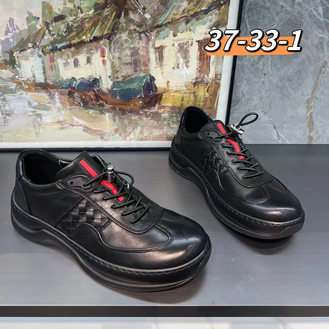 25秋冬新款百搭休闲鞋厚底真皮运动黑色皮鞋松紧带设计软牛皮男鞋