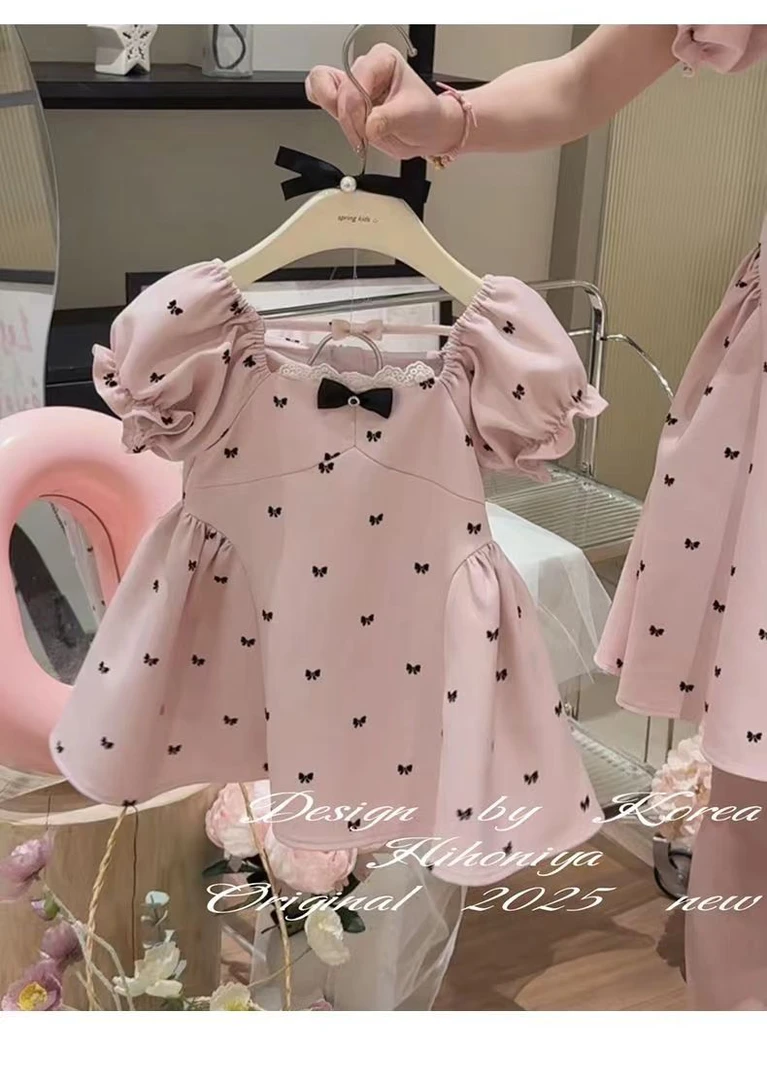 女童夏季连衣裙2025新款女孩超洋气时髦蝴蝶结甜美粉色公主风裙子