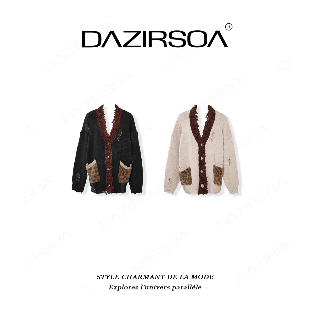 “惬意时光”时尚百搭豹纹口袋洋气慵懒毛衣外套 AC090