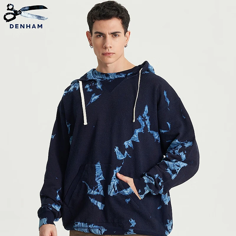 DENHAM有松染2025年秋季男士新款阿依努时尚宽松靛蓝连帽长袖卫衣