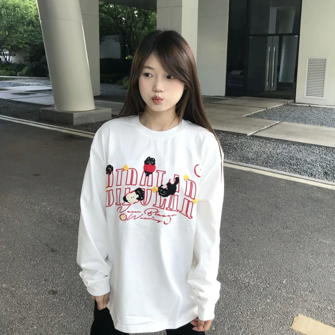 BIPOLAR 苹果猫毛巾绣长袖logo美式复古嘻哈街头潮流宽松长袖