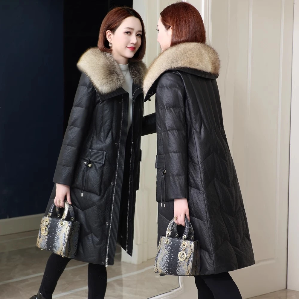 2025冬季新款中长款中老年妈妈装真皮羽绒服女海宁皮衣绵羊皮外套