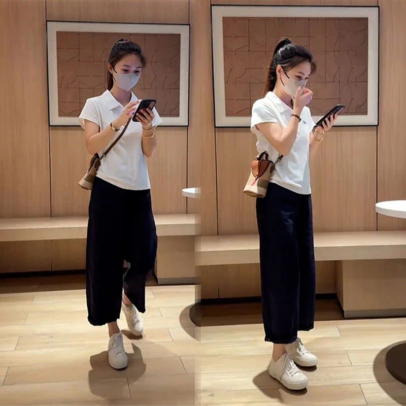 夏日穿搭小个子ins轻熟风休闲POLO领短袖上衣休闲九分裤两件套