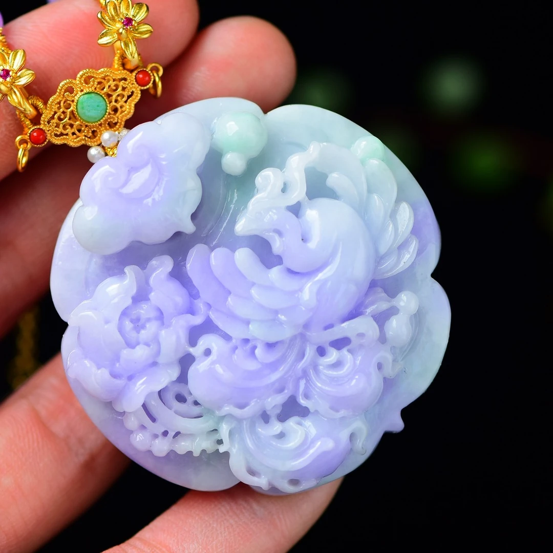 天然A货翡翠紫罗兰花开富贵设计款毛衣链