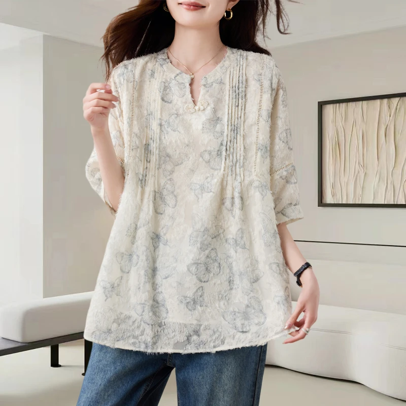 V领雪纺衬衫女夏季2025新款欧货宽松别致大码小衫显瘦小清新上衣