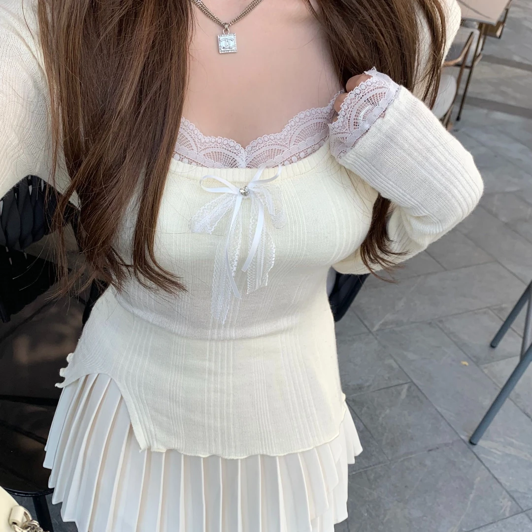 2025春款新款纯欲性感女春季长袖针织蕾丝拼接显瘦设计感上衣