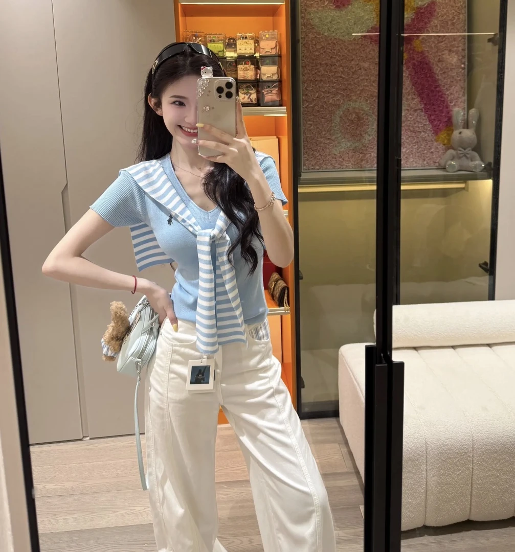 夏季新款韩版条纹时尚百搭显瘦披肩V领针织衫短袖披肩短袖上衣