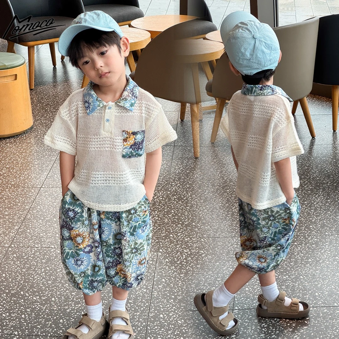 MOMOCO夏季男童套装时尚百搭休闲蓝色印花拼接两件套77230578491
