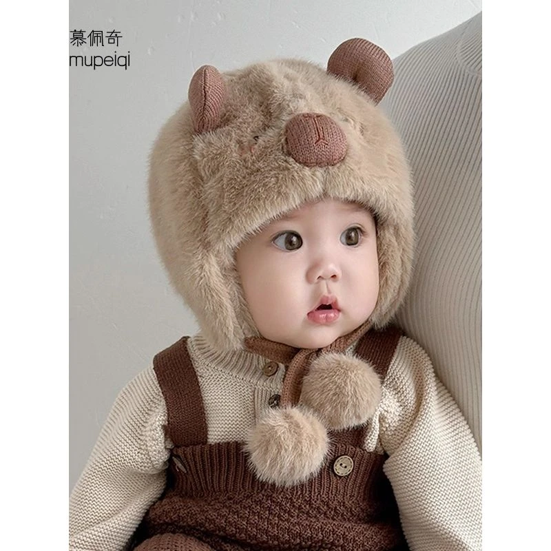 婴儿帽子秋冬季毛绒帽男女宝宝可爱小熊护耳帽冬天保暖套头帽厚款