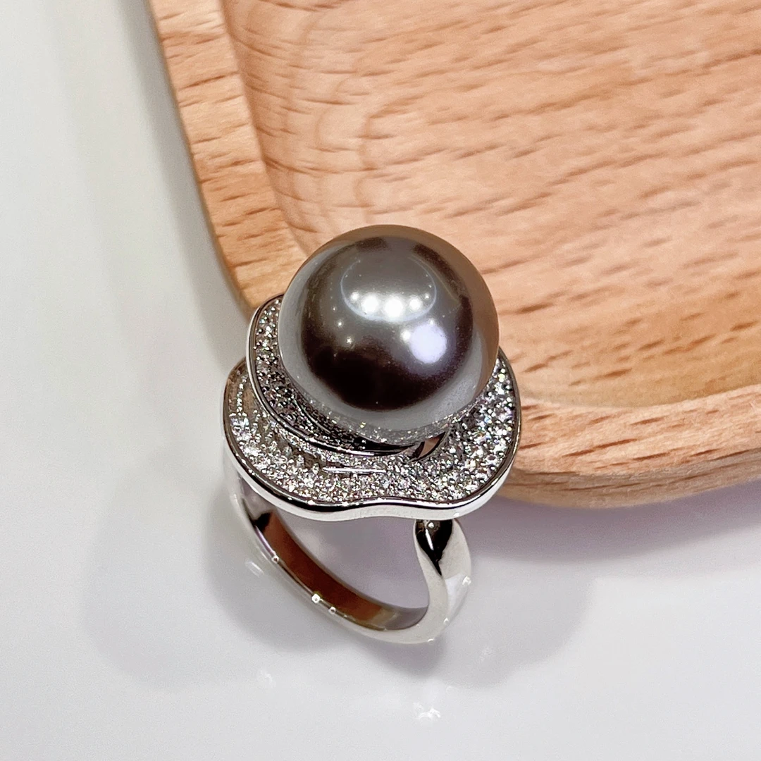 铜合金仿珍珠戒指 14mm灰黑色大花戒指开口可调节戒指 F1-033