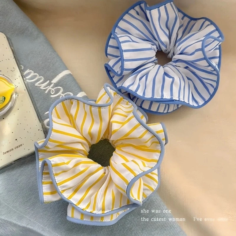 黄色条纹大肠发圈发绳女飘带通用甜美皮筋发圈雪纺复古日韩甜美风