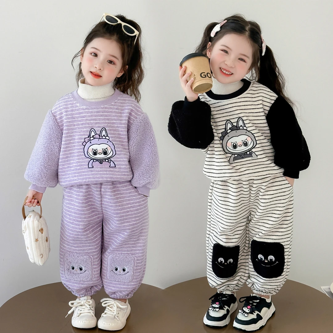 女童加绒条纹套装洋气儿童秋冬新款女宝宝一体绒卫衣裤两件套女孩