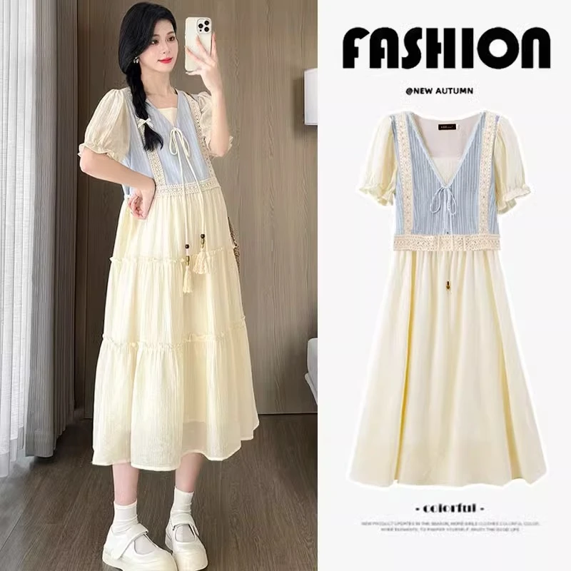 孕妇夏季连衣裙大码宽松小清新拼接中式V领长裙夏装2025新款裙子