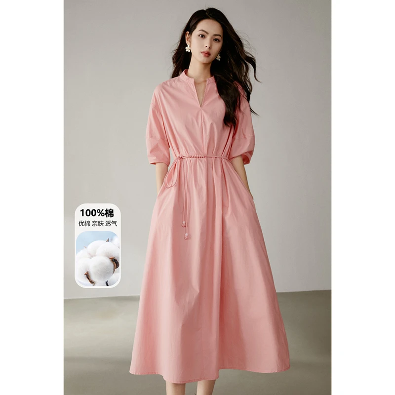 晚白【新品】2025早秋裙子棉质收腰连衣裙25022811
