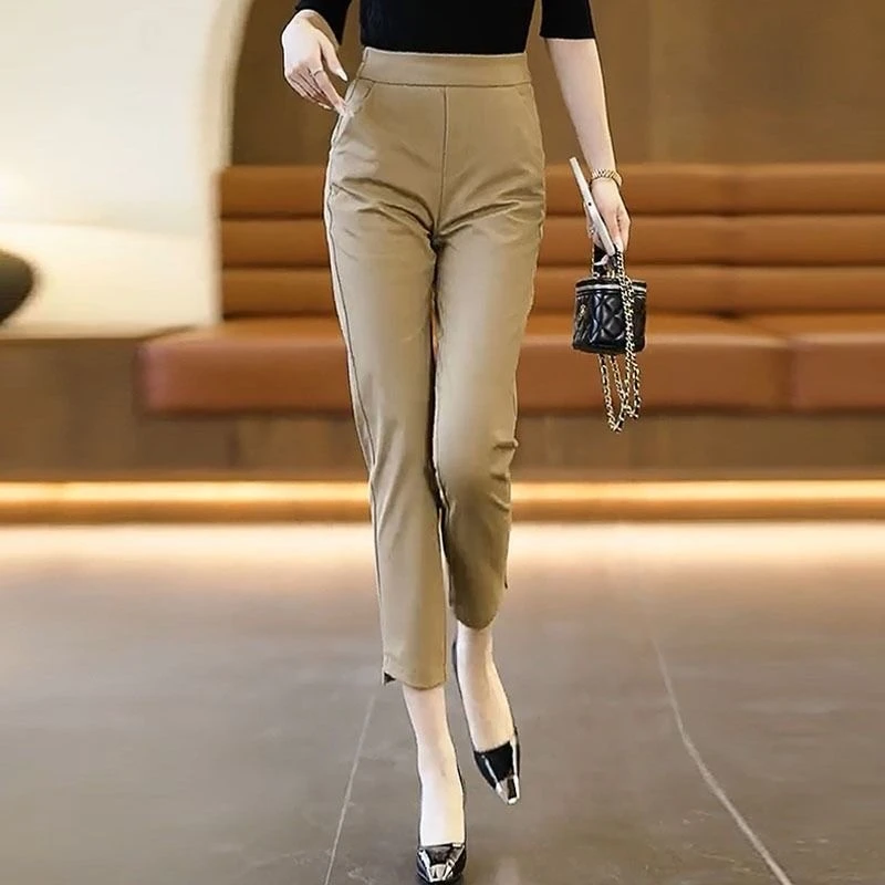卡其色哈伦裤女夏2025春秋新款高腰显瘦百搭松紧腰九分西装烟管裤
